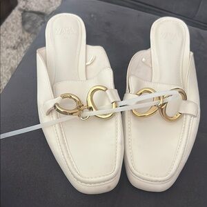 Zara Cream and Gold Mules with Elegant Hardware